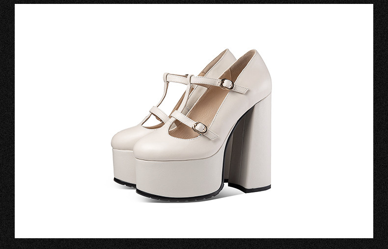 Giày Mary Jane nữ quai T mũi tròn cổ điển, gót siêu cao 8 cm, đế platform chống nước — Đen, Be chi tiết 14