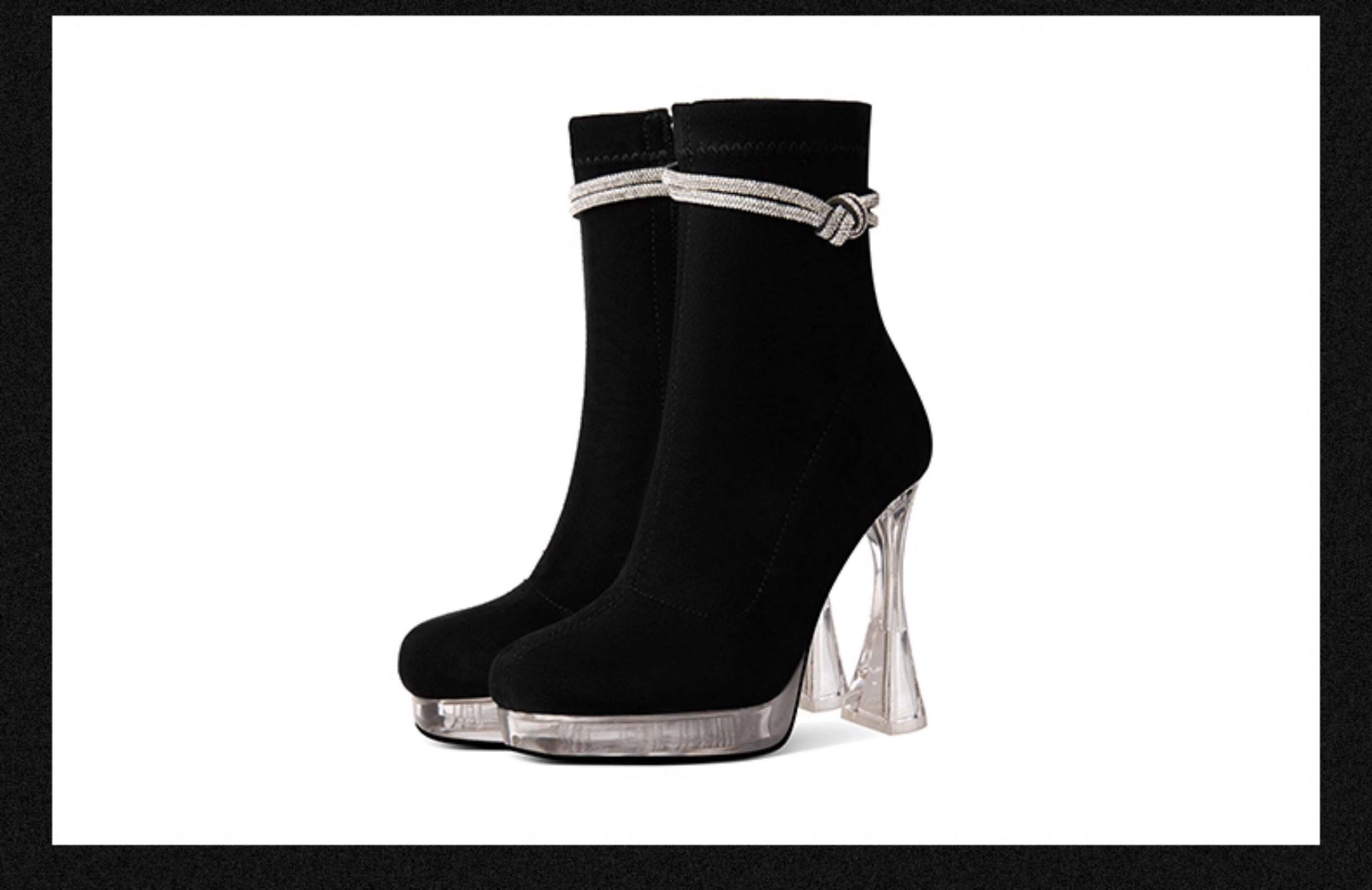 Boot nữ cổ thấp mũi tròn chất da lộn gót vuông cao 8 cm — Đen, Mơ chi tiết 16
