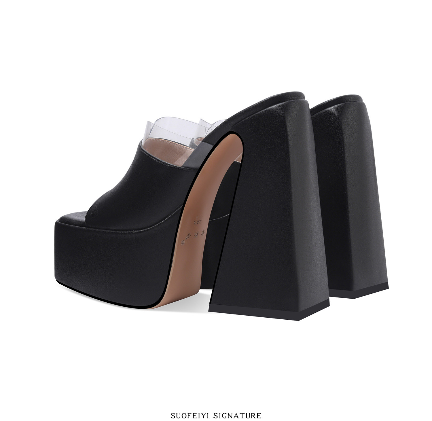 Sandal cao gót nữ mũi hở đế dày chunky gót vuông — Đen, Trắng chi tiết 3