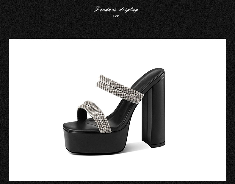 Sandal cao gót nữ đính đá mũi vuông hở mũi gót vuông dày — Đen, Be chi tiết 10