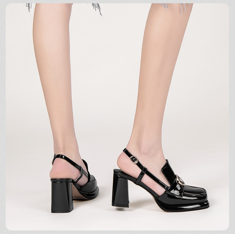 Sandal cao gót nữ hở mũi mũi vuông da bóng gót dày 5-8 cm — Màu Caramel, Màu Đen chi tiết 19