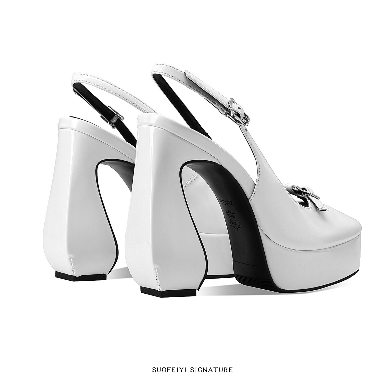 Sandal cao gót nữ mũi vuông đế xuồng chống nước — Đen, Trắng chi tiết 7