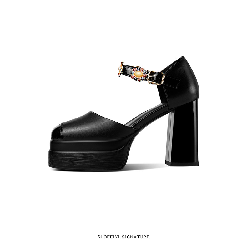 Sandal platform nữ mũi kín da thật gót vuông cao 8 cm — Đen, Trắng chi tiết 3
