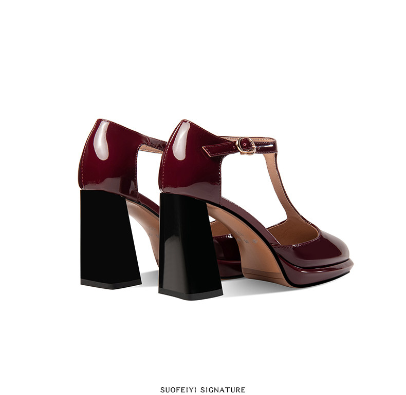 Sandal cao gót nữ quai chữ T mũi nhọn gót vuông platform — Đen, Đỏ rượu chi tiết 8
