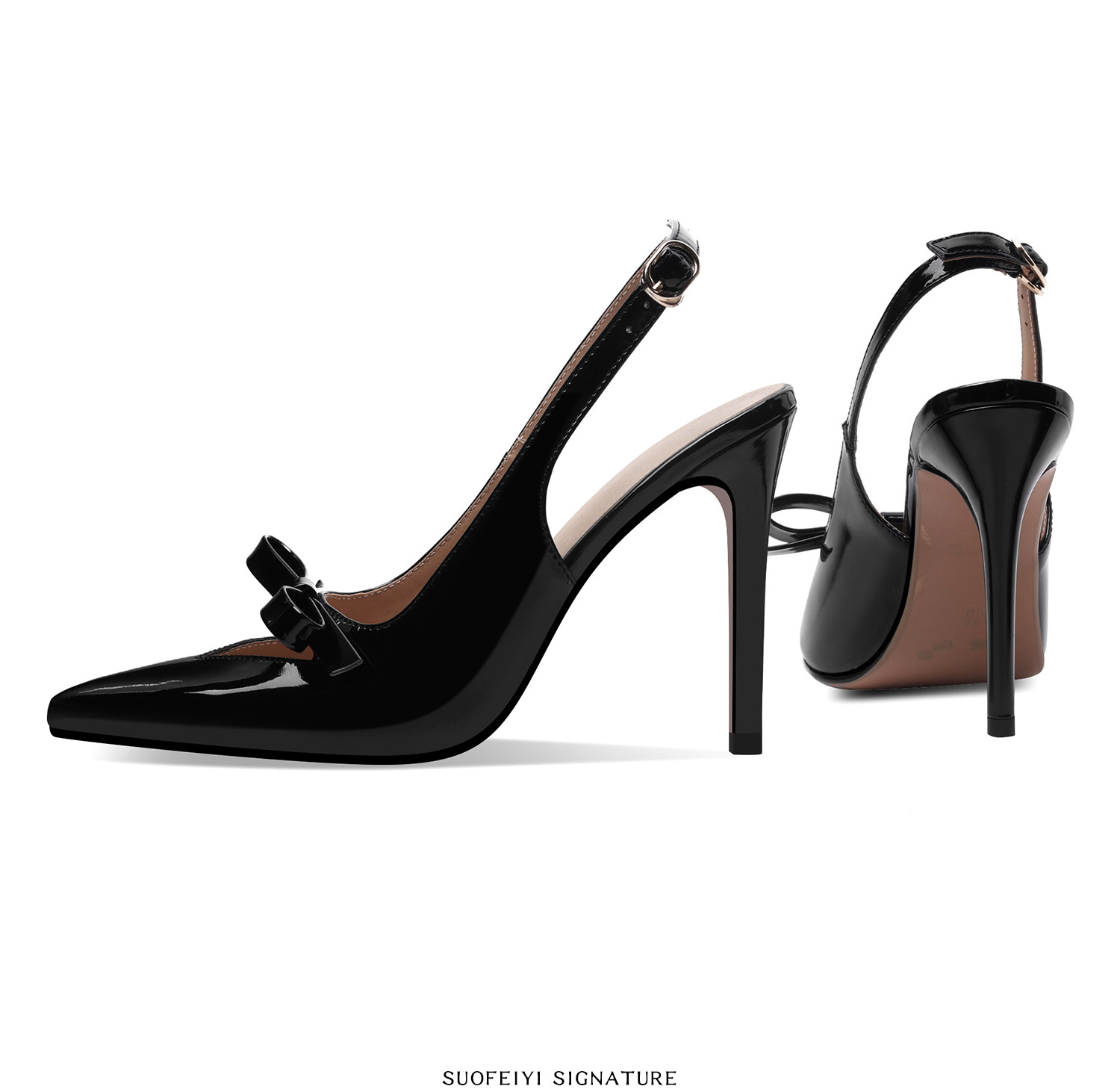 Sandal cao gót nữ hở mũi mũi nhọn chất liệu da bóng, quai mắt cá, nơ trang trí — Đen, Đỏ rượu chi tiết 4