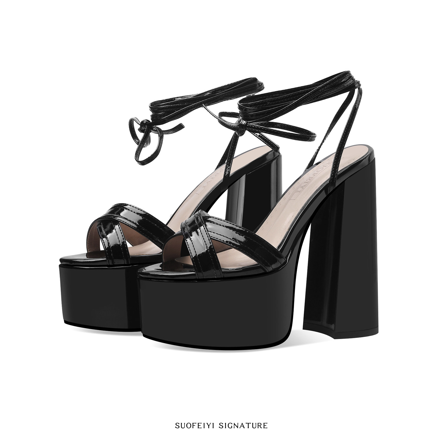Sandal cao gót nữ quai chéo đế dày phong cách châu Âu — Đen, Trắng chi tiết 5