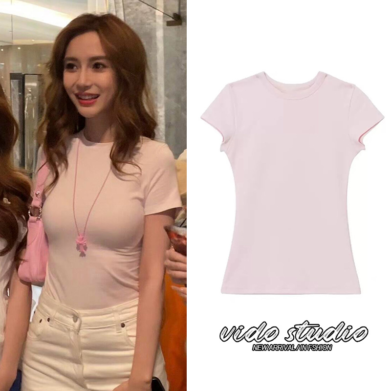 アンジェラベイビー ヤン・イン 同じスタイル ピンク ストレートショルダー 半袖 Tシャツ スリム ホットガール 痩せて着る 小さい フライングスリーブ トップス