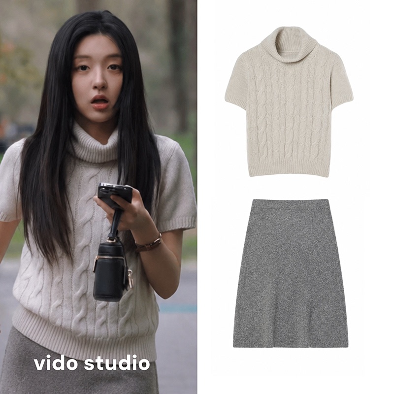 Liuliu Style Old Money Style High-Neck Cable Knit Sweater for Women, Short-Sleeved Pullover Sweater, High-End Top for Autumn