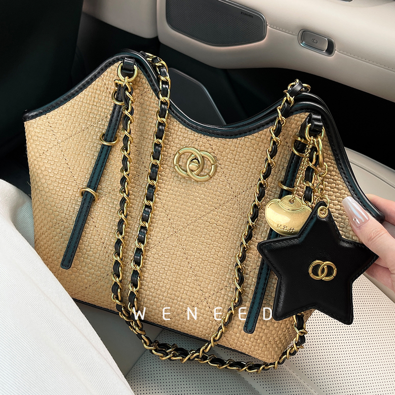 Weneed2026 New Style Bag for Women, Single Shoulder Straw Woven Bag, Hand-Woven Small Chanel-Style High-End Commuter Tote Bag
