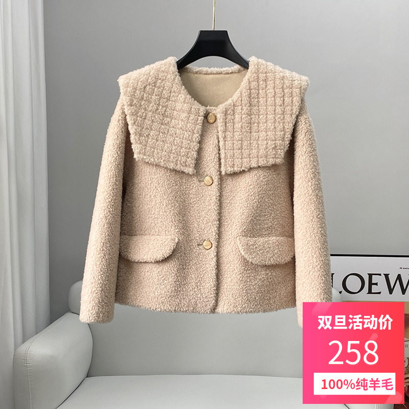 2022 Winter new Navy Collar Fur Coats Women's Grain Suede Fur Integrated Short sheep-cut velvet big coat woman 