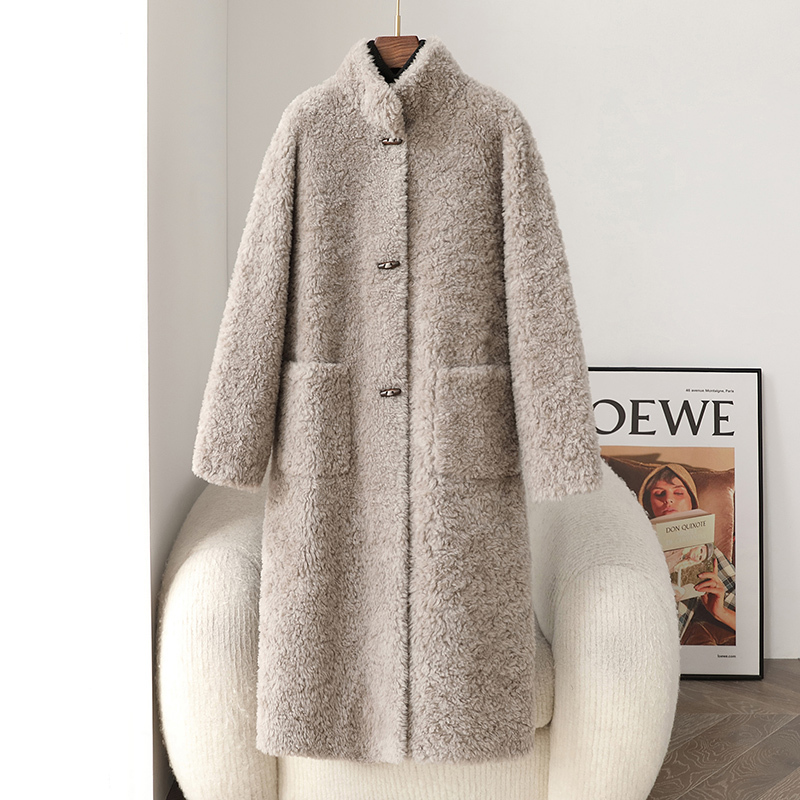 100% Genuine Wool Fur Stand Collar Shearling Long Coat 2025 New Lamb Wool Jacket Women's Fur Integrated Coat