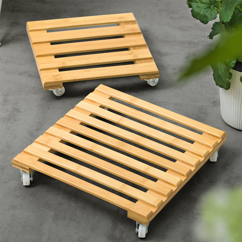 Bamboo Flower Pot Nursery Flower Racks Can Move Small Flowers Nursery Square With Universal Wheel Potted Base Convenient And Beautiful