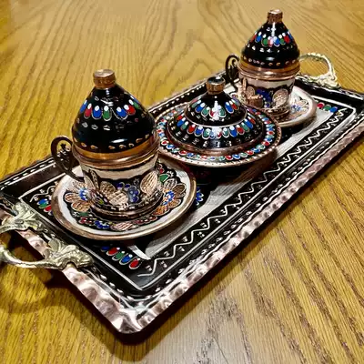 Turkey original imported enamel copper coffee cup set handmade carved painted copper turkishcofffee