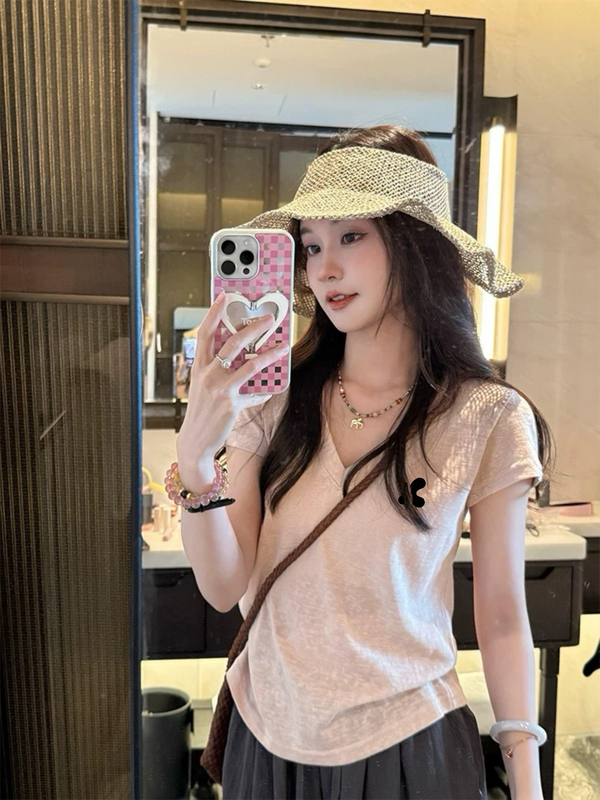 [Rr Restrecrtion] Summer New Style Sweet Korean-Style V-Neck Pink Short-Sleeved T-Shirt Top with Letter Print
