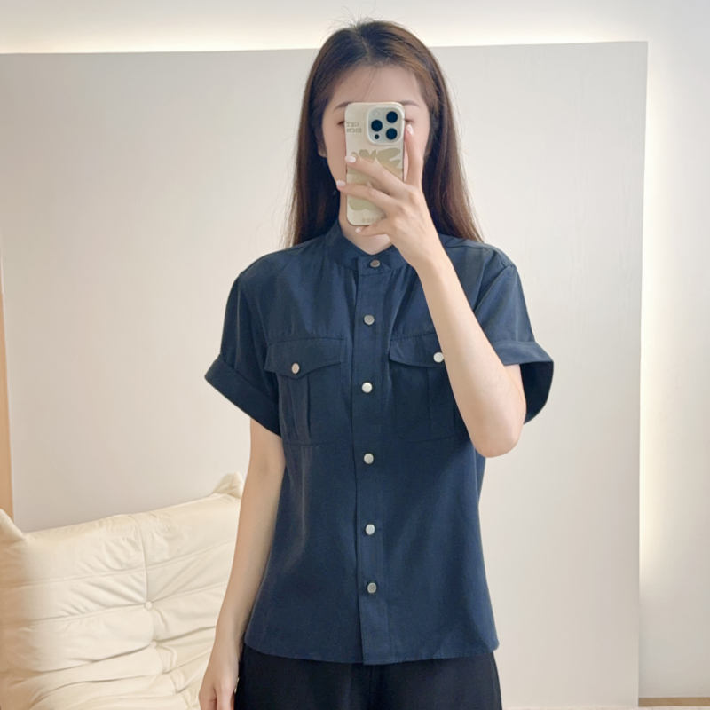 Th Commuter Style Women's Stand Collar Short Sleeve Shirt in Dark Blue with Double Pockets, Workwear Style Lyocell Fabric Top