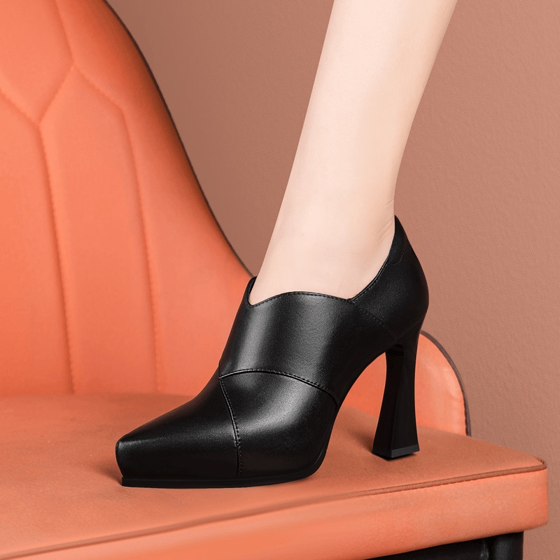 Thick-Heeled Deep-Cut Single Shoes for Women, Soft-Soled Genuine Leather Pointed-Toe Platform High Heels, Black and Nude Short Boots, Professional Work Shoes