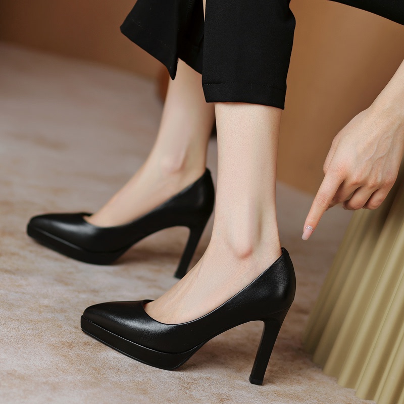 Genuine Leather Work Shoes for Women, Black, Comfortable for Long Standing, Professional Shoes, Waterproof Platform, Pointed Toe, Flight Attendant Etiquette High Heels, Chunky Heel