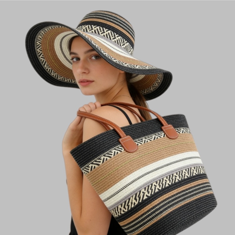 New Bohemian Ethnic Style Vacation Bag Straw Hat Women's Summer Travel Seaside Sun Hat Bag Set