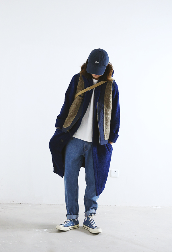 C (1s) I 18AW PILE FLEECE LONG WINDCOAT xu hướng áo choàng mềm và đơn giản áo gió phản quang