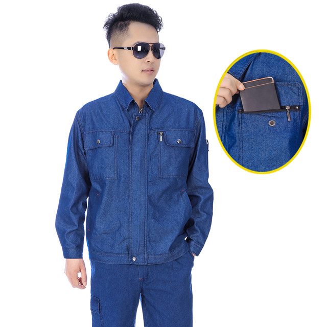 Summer thin section denim overalls suit men's multi-pocket pure cotton loose labor protection clothing welding worker tooling factory clothing