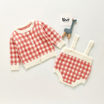 Girls sweater jacket foreign autumn baby jacket strap Ha dress Plaid 2-piece baby knitted cardigan