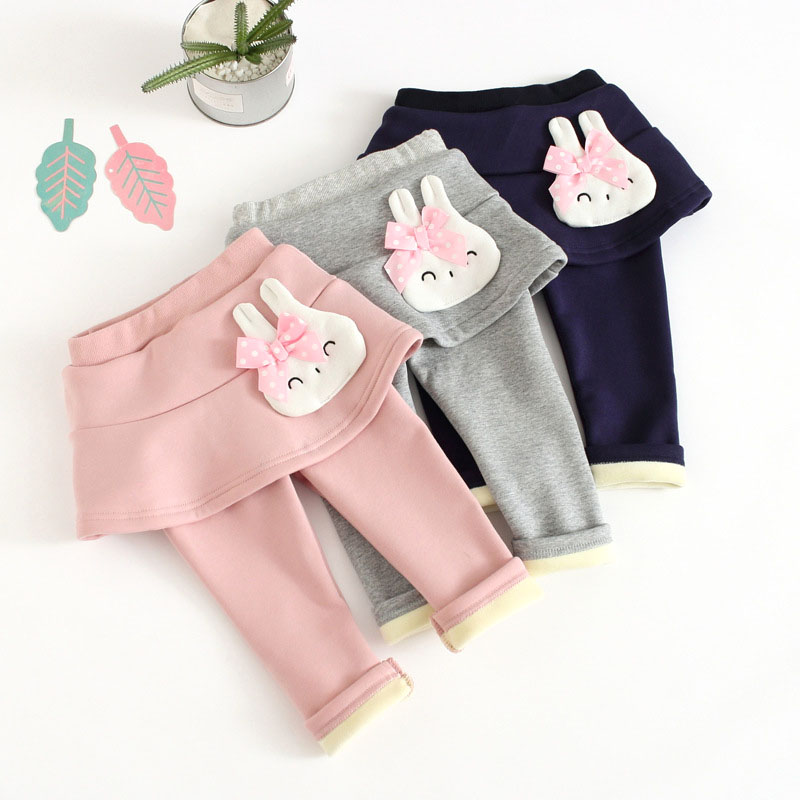 Girl's skirt plus fluff autumn and winter girl pants cute fake two pieces of lotus leaf pants children pure cotton bottles