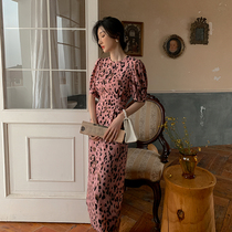 Pink leopard print puff sleeve dress summer French vintage chiffon slim waist thin temperament split long skirt