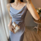 French retro blue suspender satin dress cardigan two-piece suit niche high-end sense slim temperament long skirt