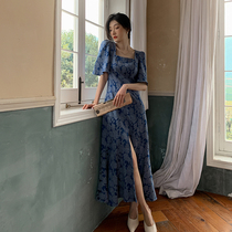 Square collar French vintage floral dress womens slim temperament waist puff sleeves light familiar a-word long skirt spring and summer