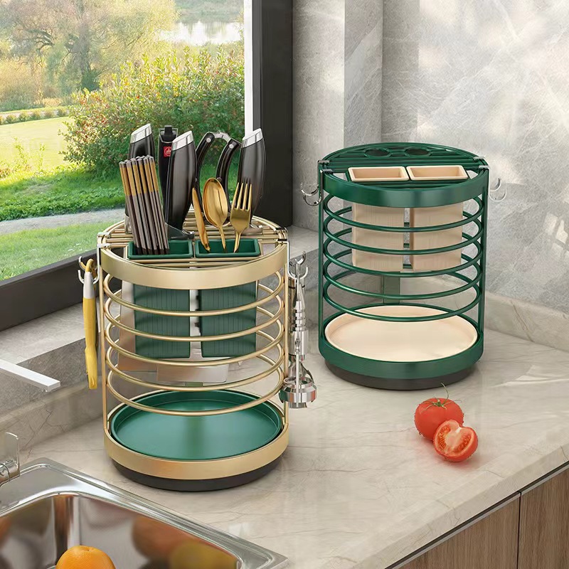 Kitchen rotary knife holder shelf home multi-functional countertop drain integrated storage box put chopsticks spoon cylinder cage