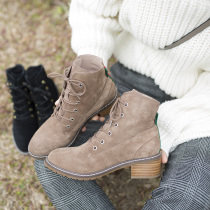 Pure leather boots womens block heel tie British womens boots genuine leather round toe boots frosted leather mid-heel Martin boots khaki