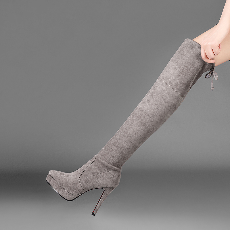 Petite Women's Long Boots for Spring and Autumn, Slim Boots with Ultra-High Heels, Waterproof Platform, Slim Fit, Leg-Enhancing, Non-Slip, Over-The-Knee Elastic Boots