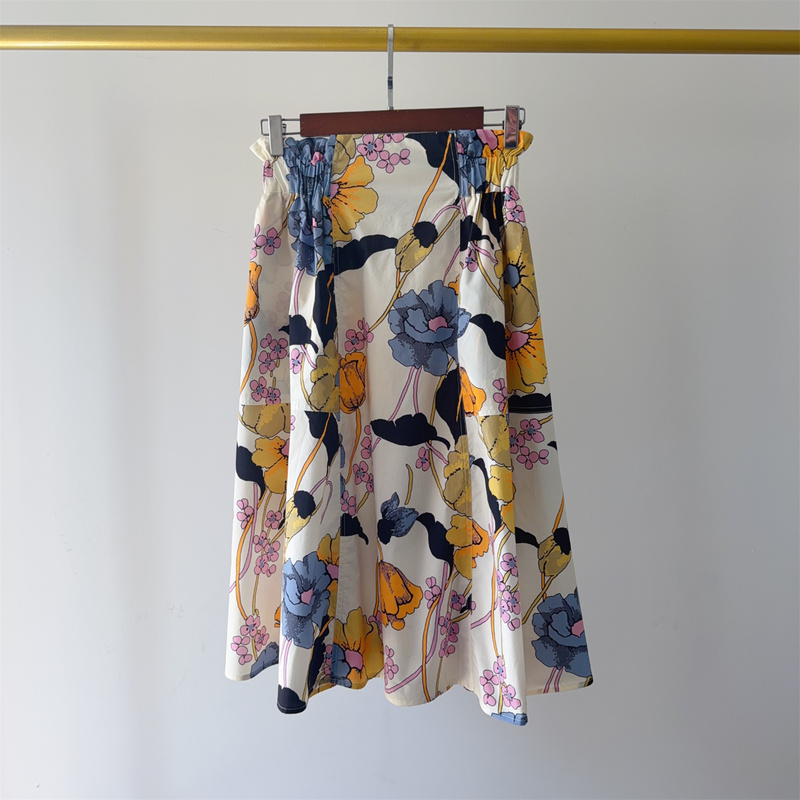 Italian m Series Floral Print Skirt, High-Density Poplin Cotton, Mid-Length A-Line Large Hem Umbrella Skirt for Women, New Spring and Summer Style