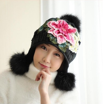 Autumn and winter New National style original peony flower hair ball wool hat three-dimensional embroidery flower knitted hat female hat