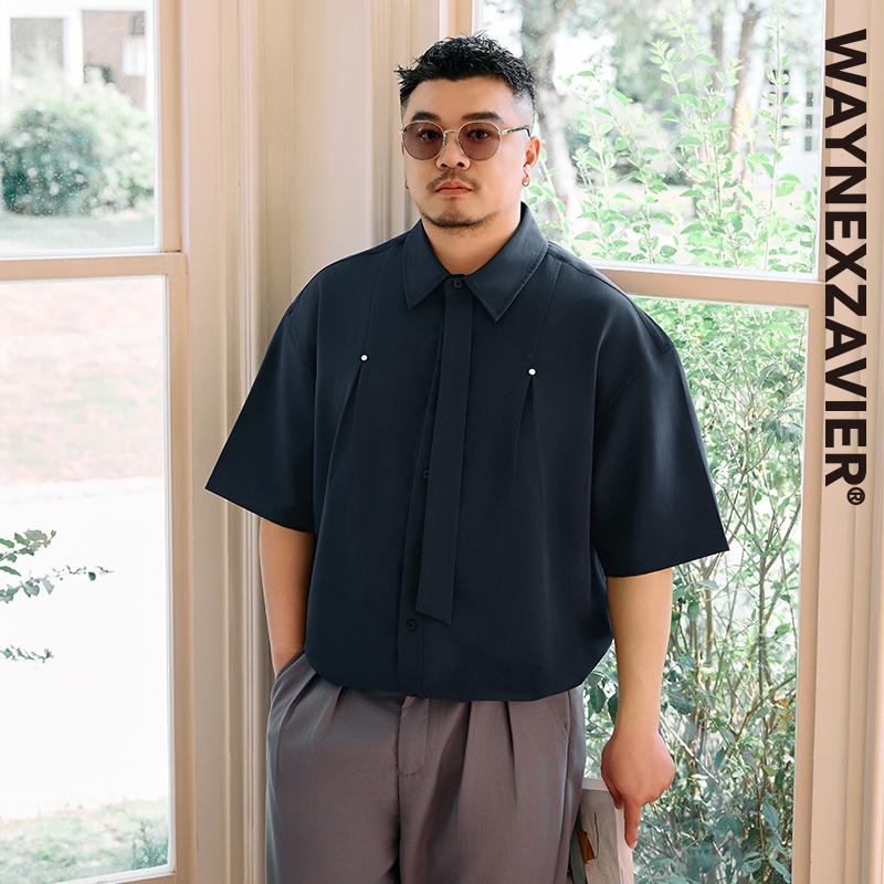 Geeekpanda Plus Size Loose Fit Men's Turn-Down Collar Slimming Chest-Covering Decorative Tie Short-Sleeve Shirt 9421