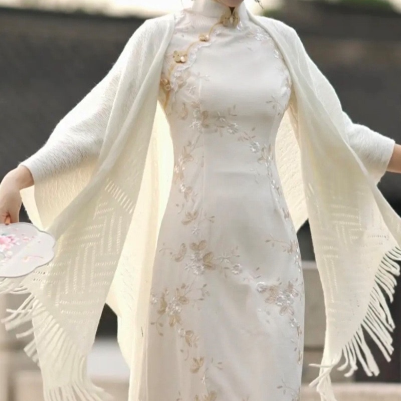 2026 New Style Cheongsam Shawl, Long Hollow-Out Versatile Elegant Cape, Knitted Tassel New Chinese Style Cloak