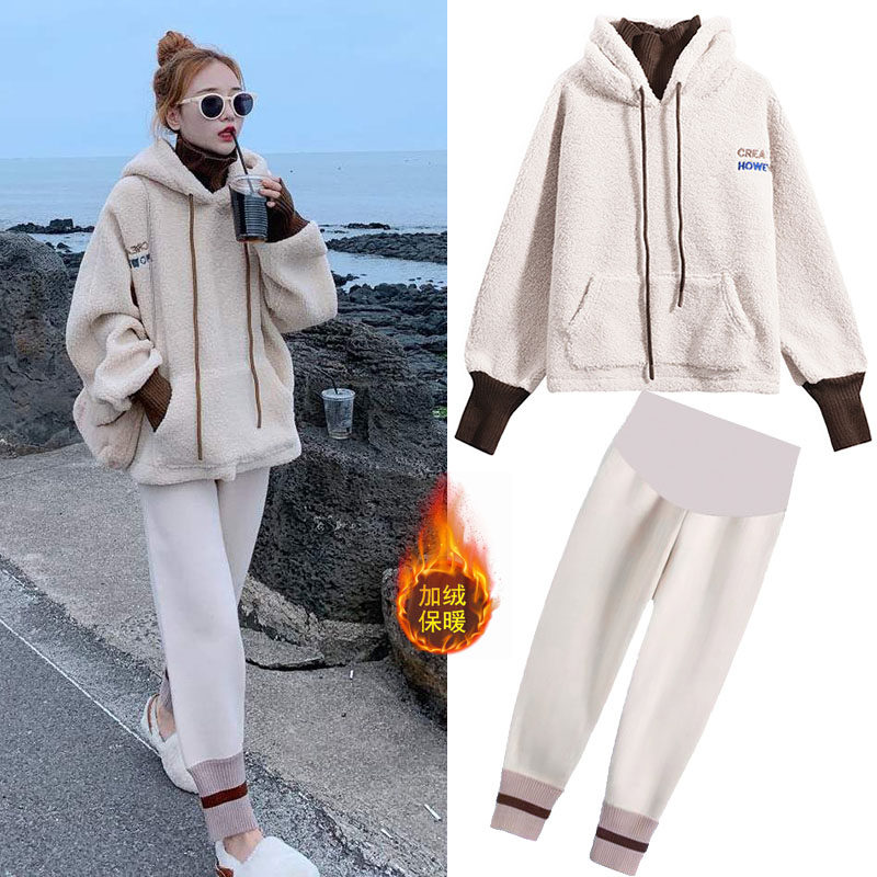 Maternity pants Winter trousers suit fashion net red two-piece set of autumn and winter velvet thick leggings