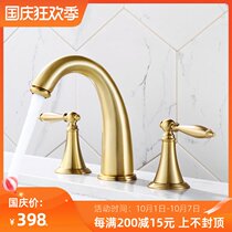 Nordic light luxury gold color hot and cold faucet bathroom household full copper double handle three hole wash basin faucet