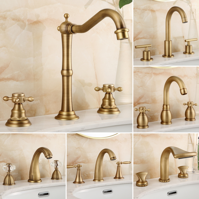 French-Style Vintage Brass Basin Faucet, Antique Three-Hole Split Dual-Handle Hot and Cold Washbasin Faucet