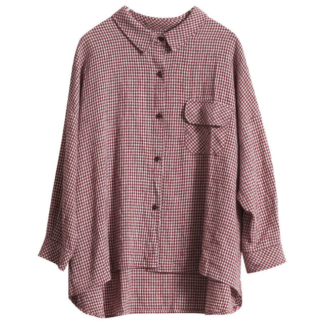 Gujia's new artistic retro cotton and linen plaid shirt women's casual BF style large size loose long-sleeved shirt