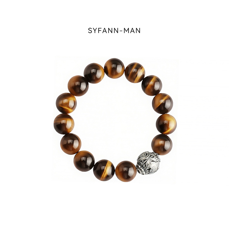 Original Lightning Tiger Eye Stone Bracelet with Old Silver Fortune Beads, Men's Hand Jewelry, Gift for Boyfriend, Couple's Jewelry