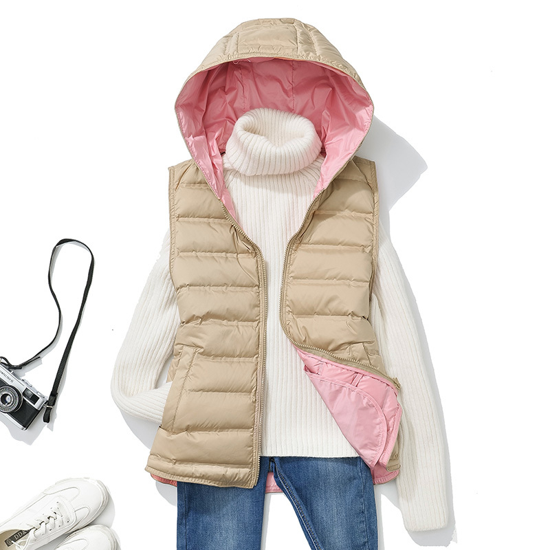 Lightweight down Vest for Women, Short Style with Hood, 2024 Autumn and Winter New Slim Fit Color-Blocked down Vest with Seamless Fabric