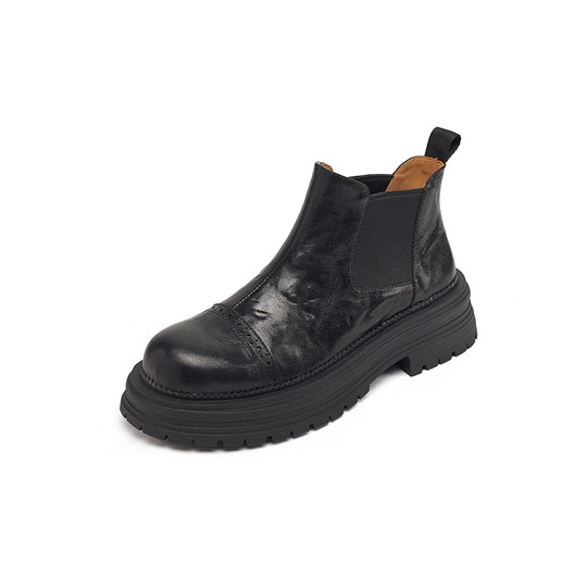 Jiaowenxi thick-soled Chelsea boots, thick-heeled short boots, women's spring and autumn single boots, genuine leather and nude boots, British style Martin boots