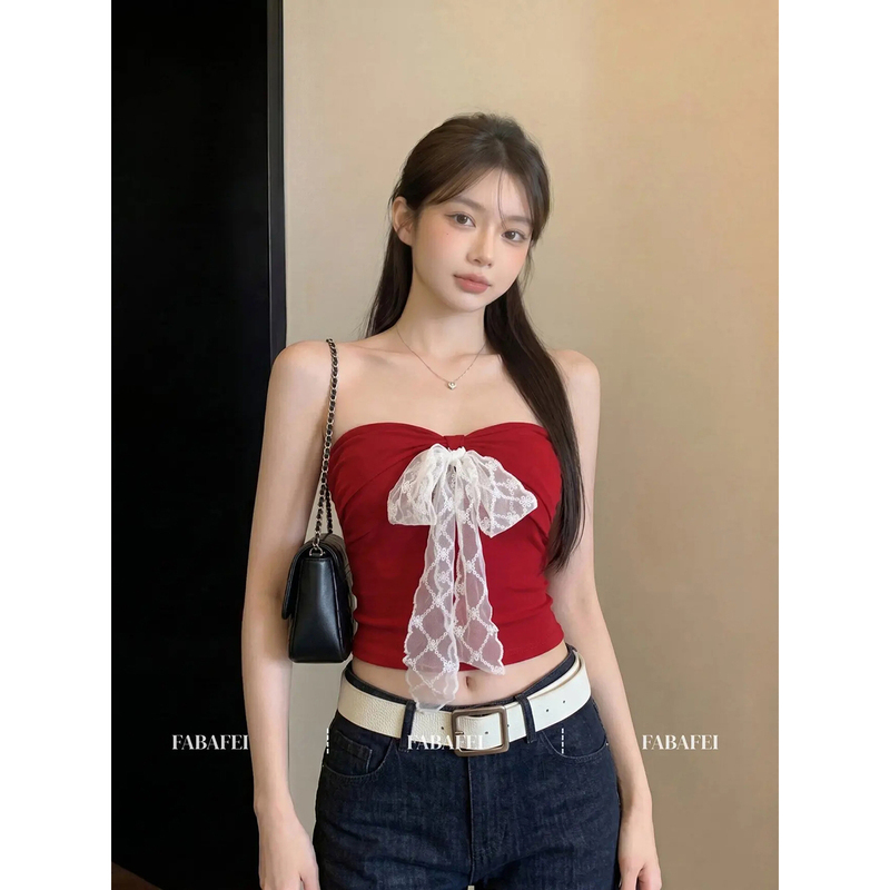 Sweet and Spicy Lace Bowknot Tank Top for Women, 2026 Summer New Stylish Slim-Fit Ruched Top with a Pure and Alluring Temperament