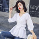 Spring style Korean style loose lantern sleeve waist 7-quarter sleeve white shirt women's V-neck style top with Hong Kong style scheming design