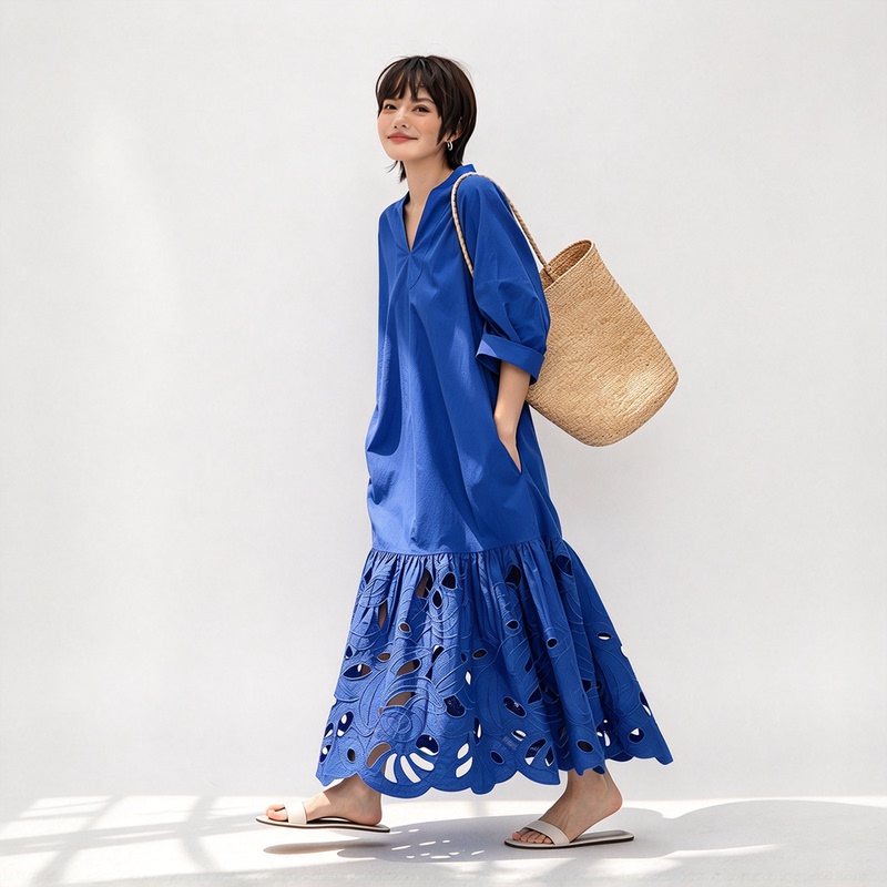 Tan Yanmi Klein Blue Hollow-Out Embroidered Dress Short-Sleeved Loose Vacation-Style Fishtail Dress Casual Long Dress Tan Yanmi Klein Blue Hollow-Out Embroidered Dress Short-Sleeved Loose Vacation-Style Fishtail Dress Casual Long Dress