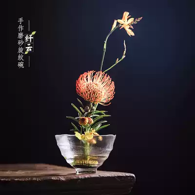 (Fiber cloud)Frosted glass swirl bowl Japanese-style transparent water bowl Washed matcha bowl Salad bowl heat-resistant thickening