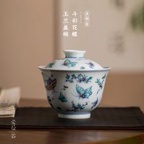 Aiman antique blue and white bucket color flower butterfly cover Bowl hand-painted large capacity inside painting tea bowl Jingdezhen