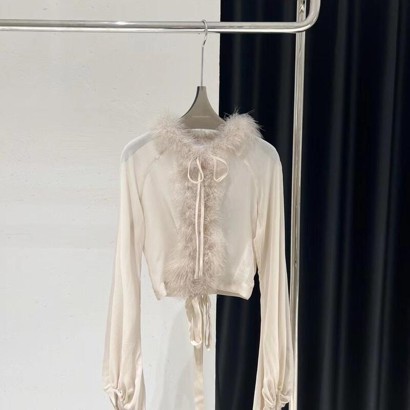 Beautiful and Unique Silk-Feel Ostrich Feather Design, Slightly Sheer Lantern Sleeves, Fairy-Like High-Waisted Slimming Short Top Beautiful and Unique Silk-Feel Ostrich Feather Design, Slightly Sheer Lantern Sleeves, Fairy-Like High-Waisted Slimming Short Top