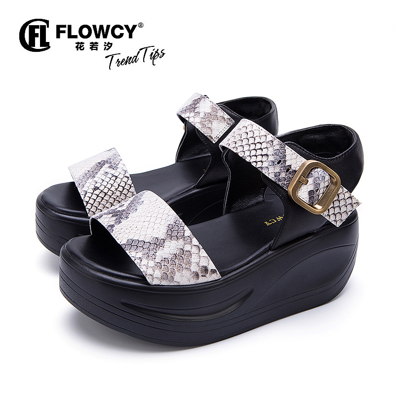 Wedge Sandals for Women 2026 Summer New Style European and American Snake Pattern Genuine Cowhide Leather Single Strap Buckle Soft Platform Thick-Soled Shoes